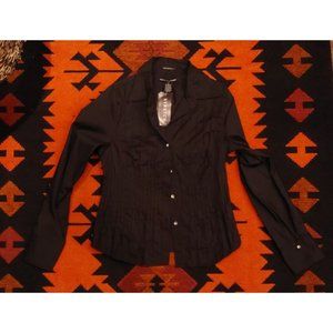 NEW ANTILLIA FEMME Women's Black Stretch Rhinestone Button Tailored Shirt. Large